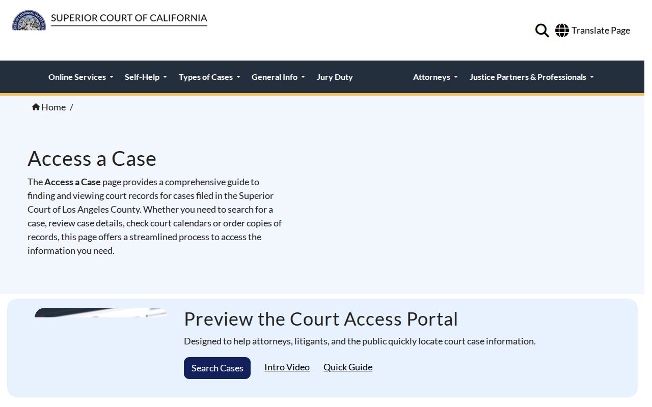 Inglewood residents directory view of the Los Angeles Superior Court case search