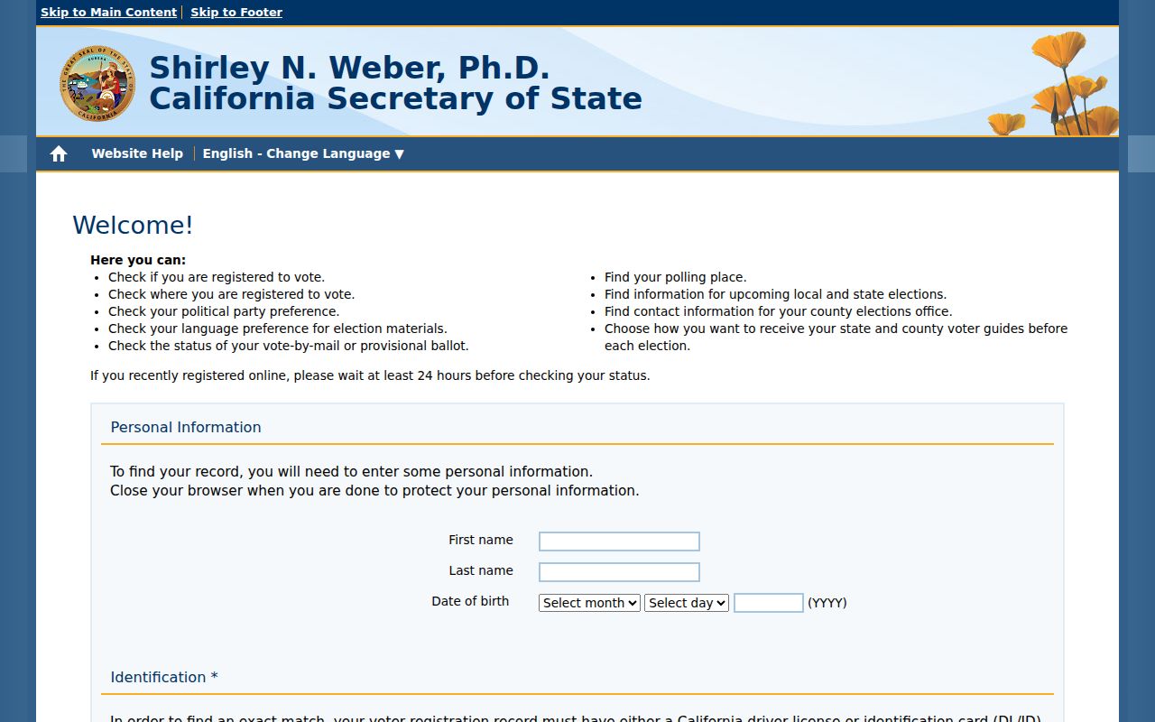 Inglewood resident lookup California My Voter Status authentication form